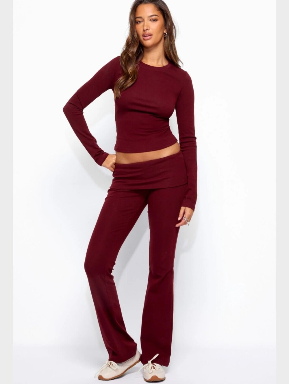 Edikted Ivan Fold-Over Waist Bootcut Pants in Burgundy